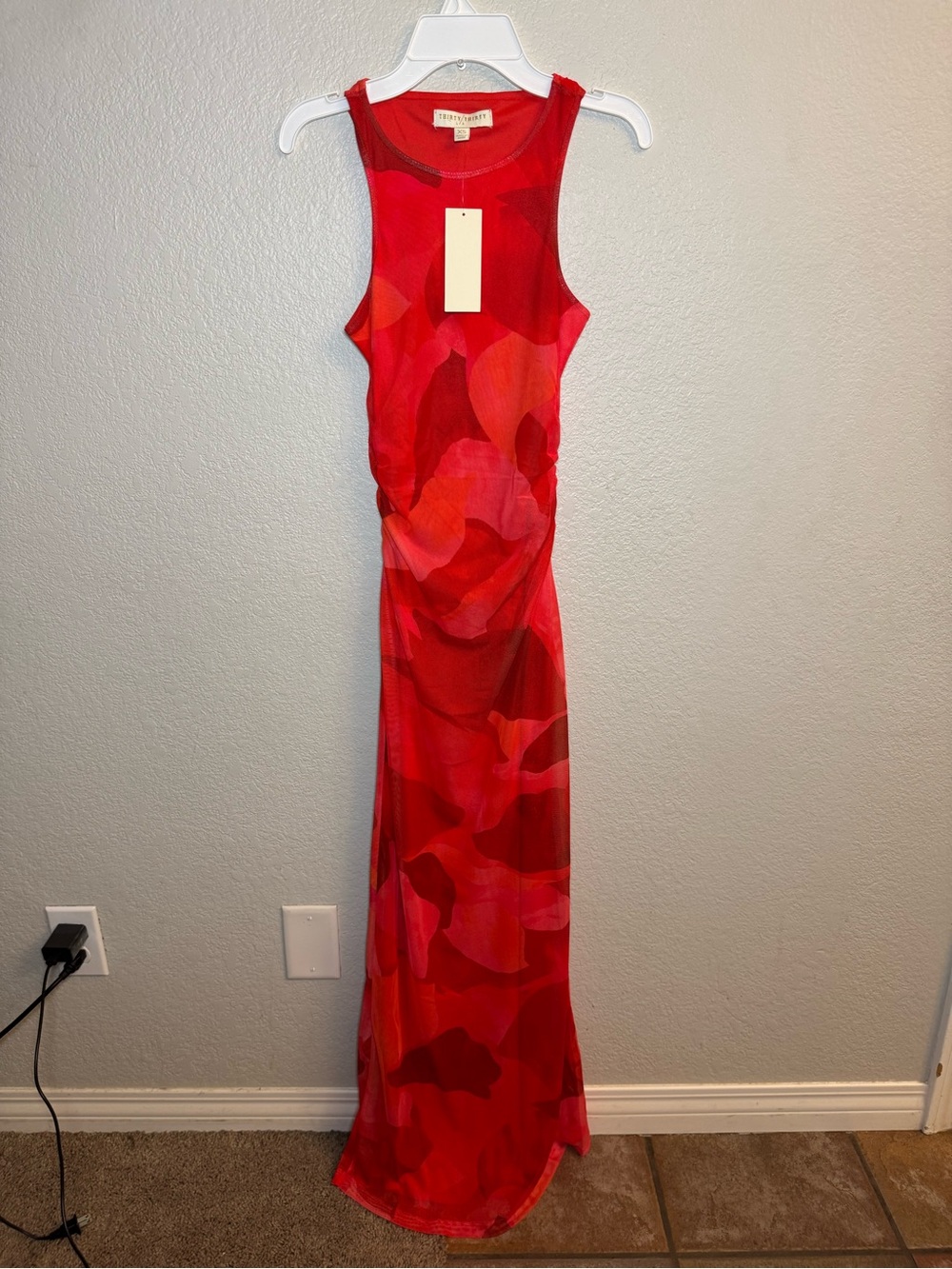 Thirty/Thirty L.A. Red Abstract Floral Mesh Ruched Maxi Dress - Size XS